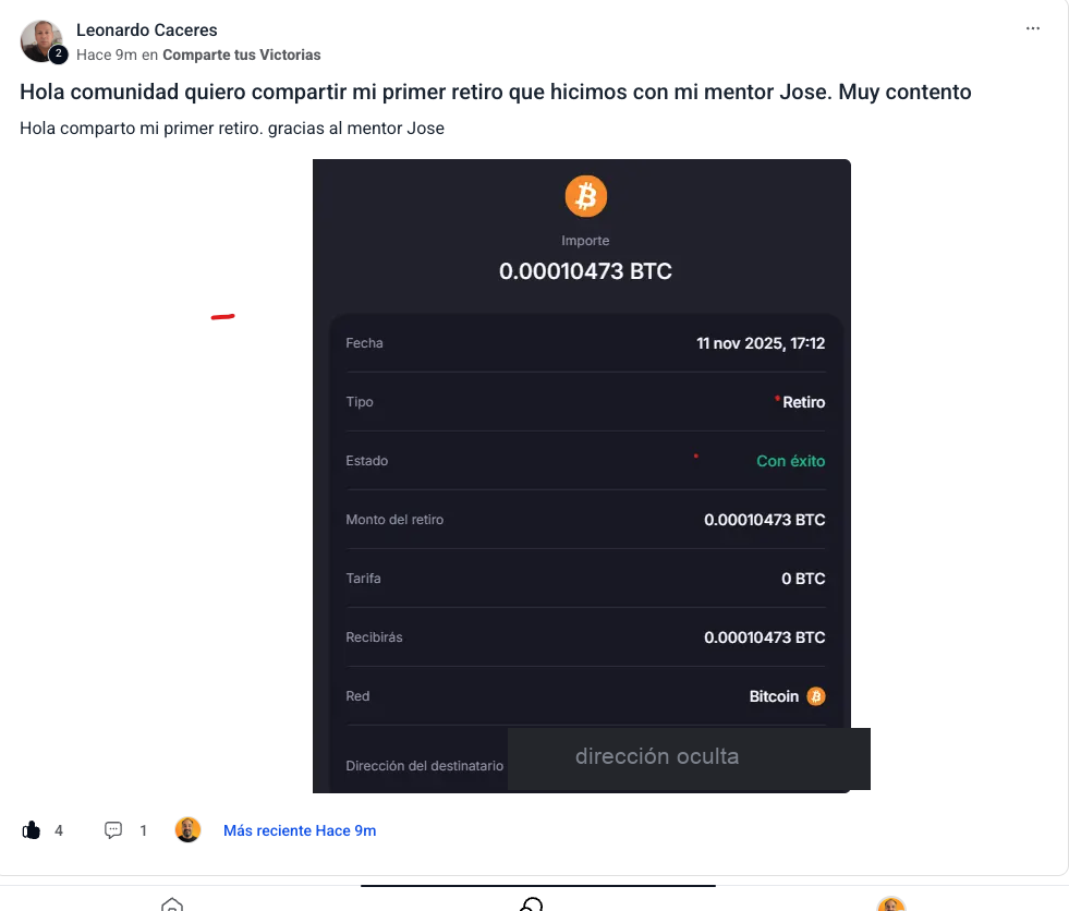 Leonardo comparte en la comunidad el comprobante de su primer retiro de BTC