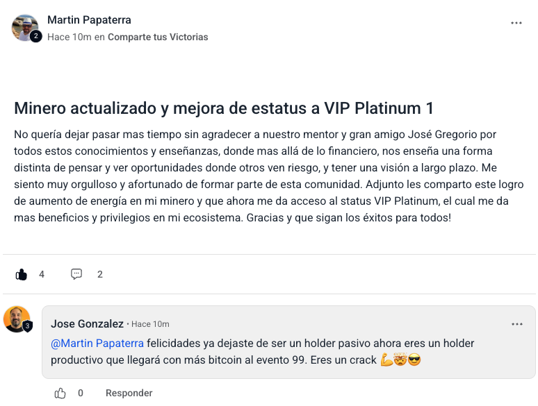 Martín comparte en la comunidad la mejora de su minero y su cambio de estatus